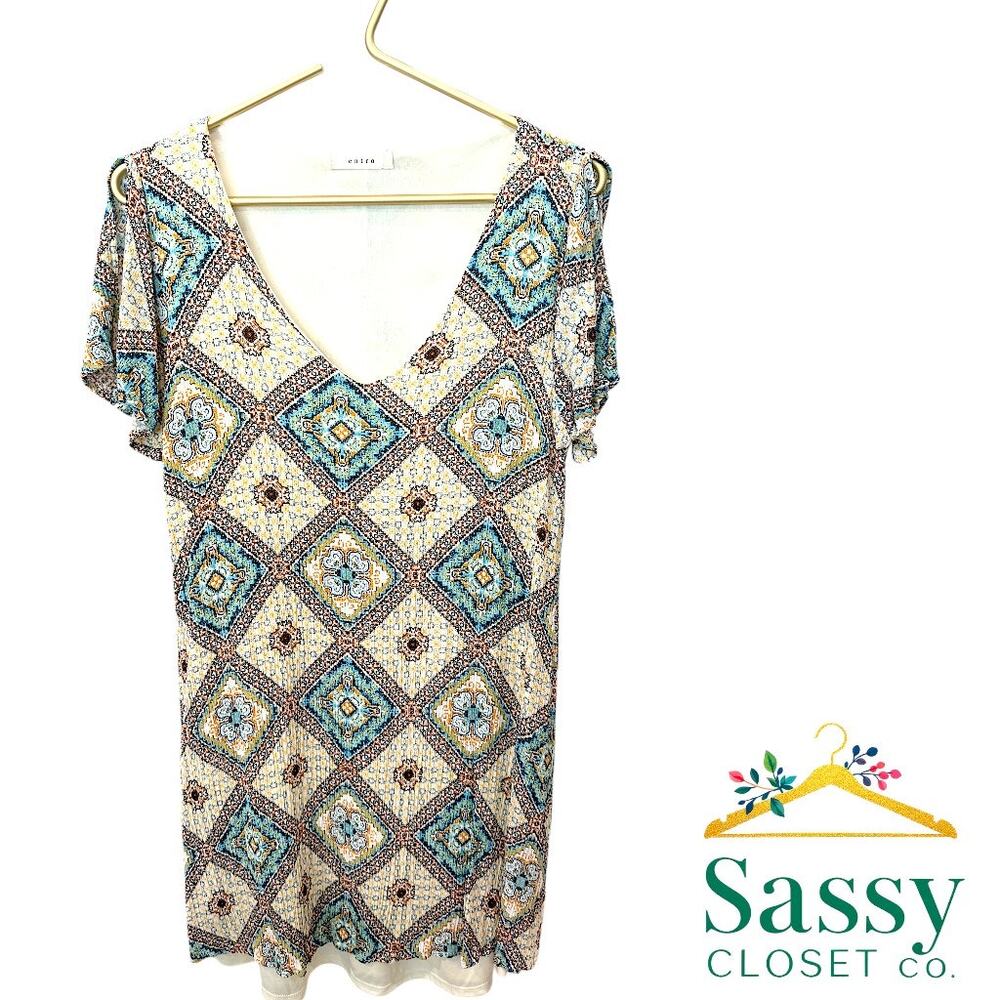 ENTRO Geometric Print Flutter Sleeve Dress M White Brown Blue EUC